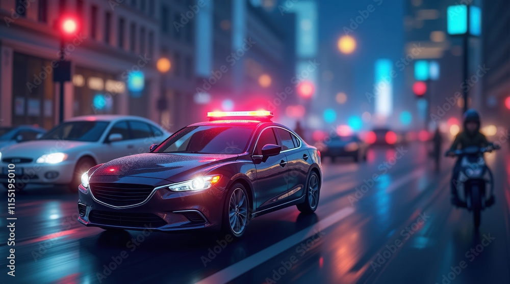 Fototapeta premium Police car responding to emergency in urban environment at night high-contrast lighting dynamic action scene