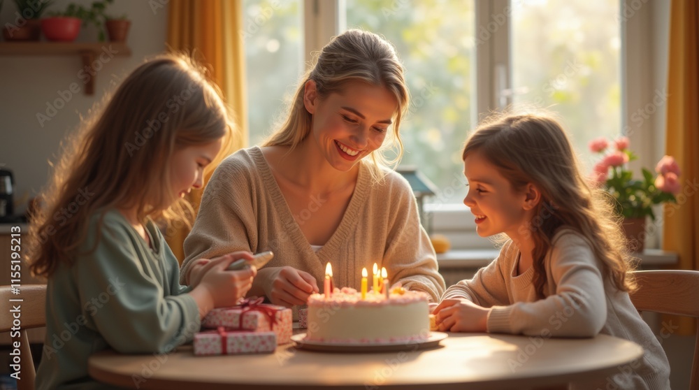 A joyful Mother's Day celebration with a mother and her children at a table, surrounded by flowers, gifts, and a cake, in a cozy home filled with natural light. A joyful Mother's Day celebration with a mother and her children at a table, surrounded by flowers, gifts, and a cake, in a cozy home filled with natural light.