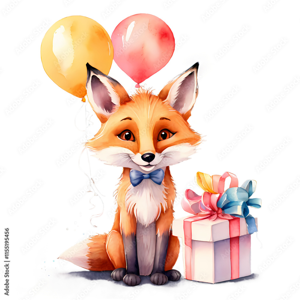 Fototapeta premium Cute fox holding balloons and a gift in a festive setting for a birthday celebration