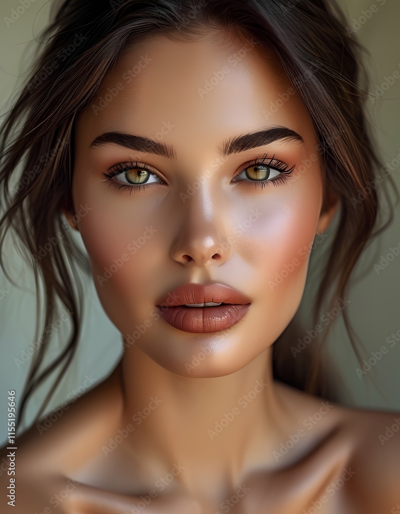 Naklejka premium A captivating portrait of a young woman with striking features and a serene expression