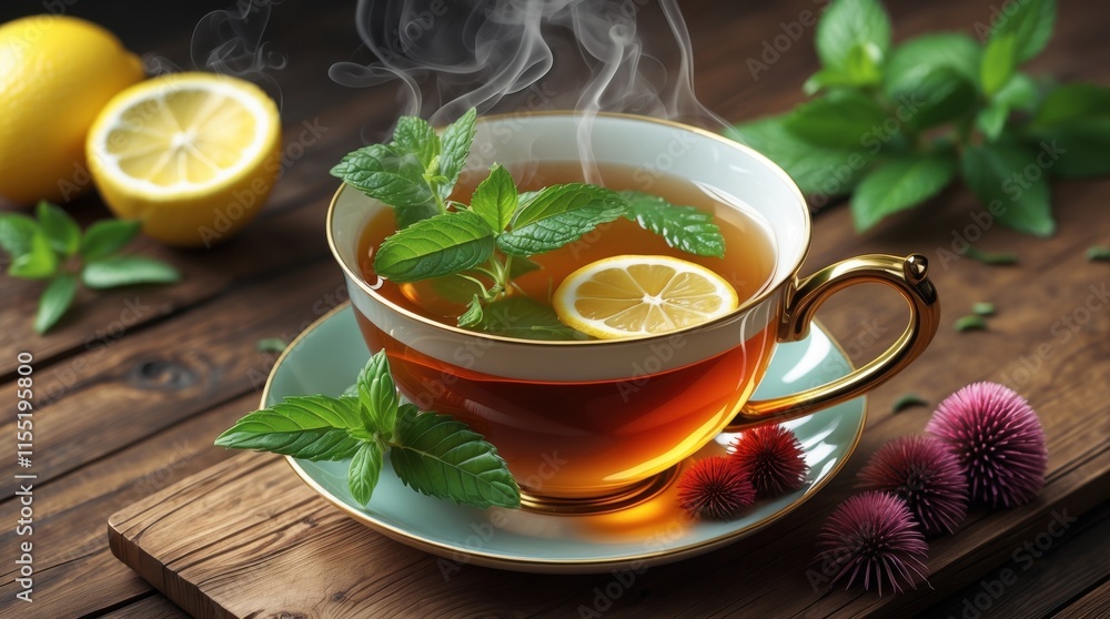 Brewing a refreshing mint lemon tea rustic kitchen beverage photography cozy atmosphere close-up herbal comfort Brewing a refreshing mint lemon tea rustic kitchen beverage photography cozy atmosphere close-up herbal comfort