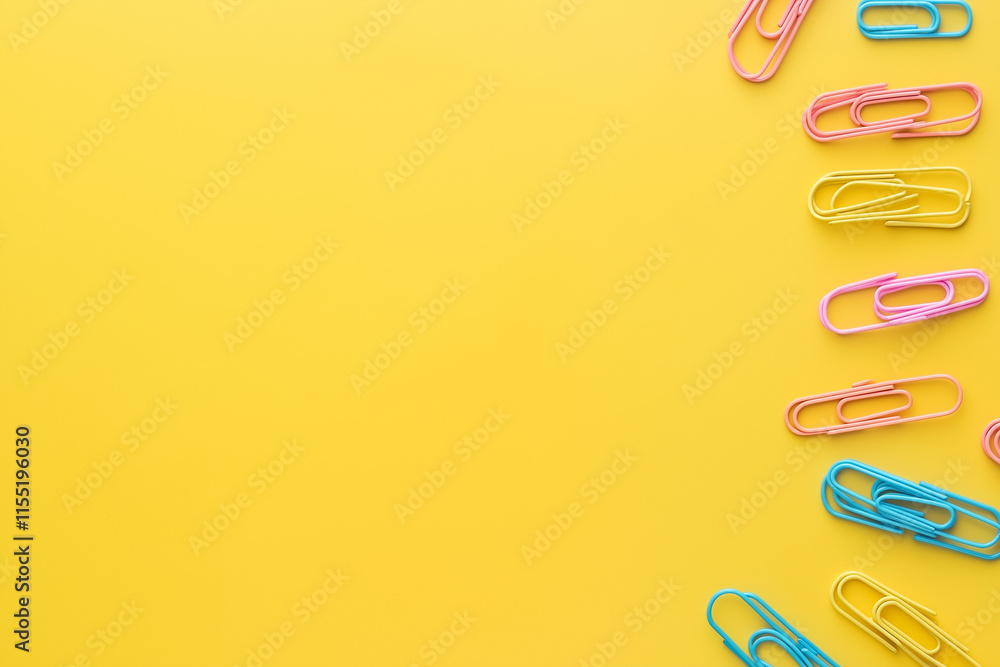 Banner with Multiple colorful paper clips randomly scattered on yellow background. Office, stationery, organization concepts Banner with Multiple colorful paper clips randomly scattered on yellow background. Office, stationery, organization concepts