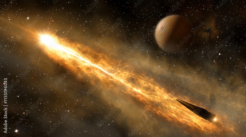 Obraz premium Spaceship flies through cosmic stream near planet.