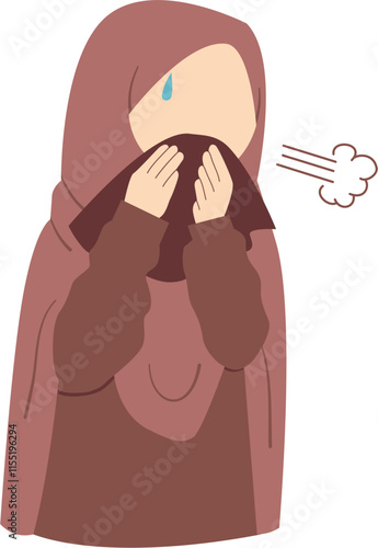 woman in hijab sneezing by covering her nose with a handkerchief 