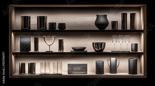 Modern home decor display shelf with elegant black and gold accessories.