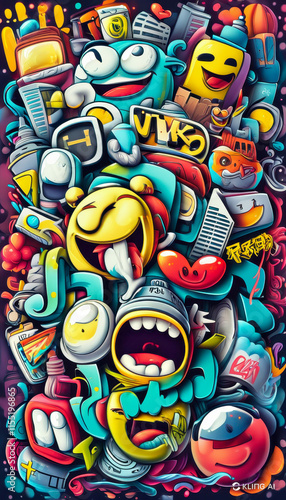 Wallpaper Mural Complex and colorful graffiti with various elements, street art, urban culture symbols and dynamic facial expressions. Torontodigital.ca