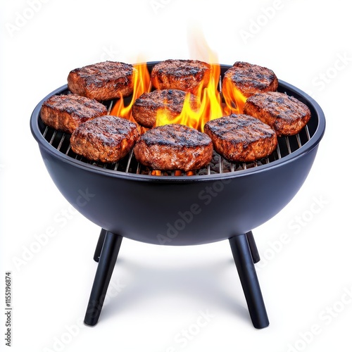 A photostock of a rustic barbecue grill with glowing hot coals and a small flame, isolated on a clean white background for outdoor cooking themes. High Quality photo