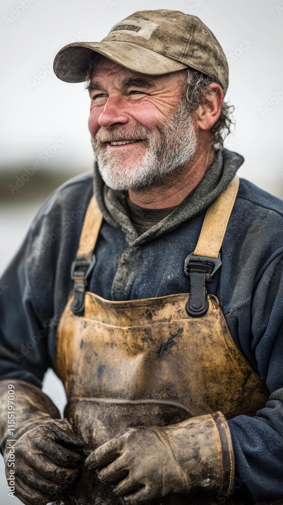 Fototapeta premium Smiling senior fisherman wearing protective gear and holding gloves
