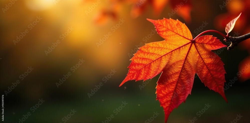 Fototapeta premium A vibrant orange and red leaf perched on a branch, outdoor photography, autumn leaves