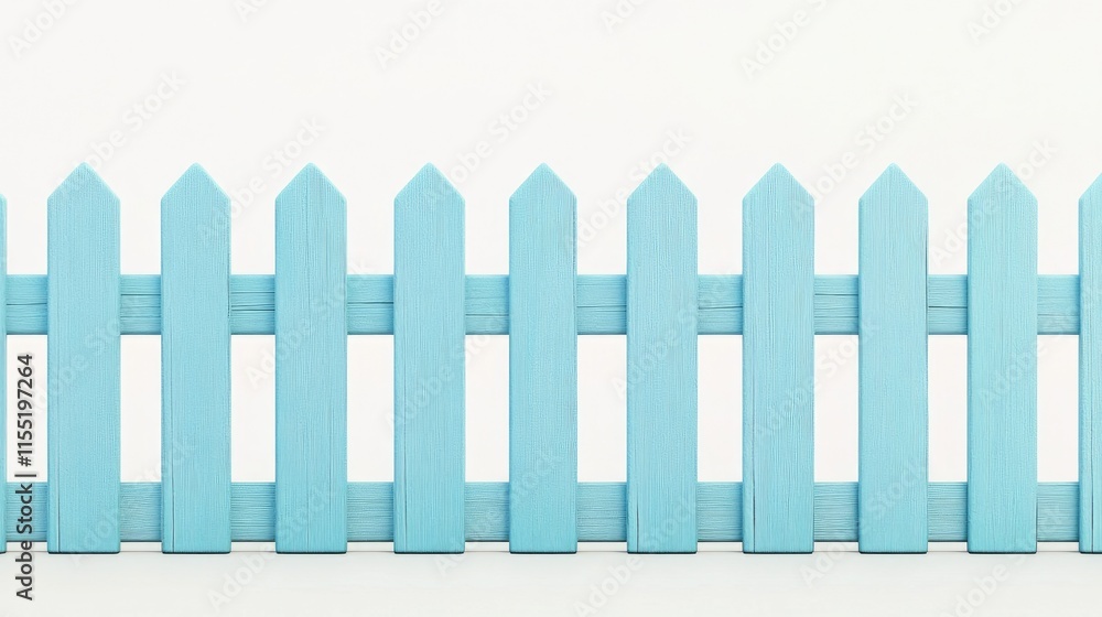 A minimalist light blue picket fence with even spacing, rendered on a white background for a soothing design A minimalist light blue picket fence with even spacing, rendered on a white background for a soothing design