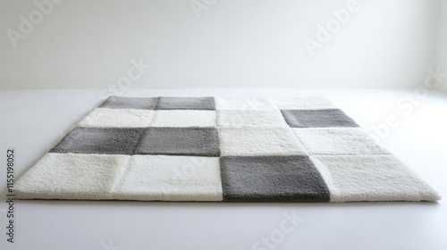A minimalist square rug with alternating blocks of soft gray and white on a crisp white background.