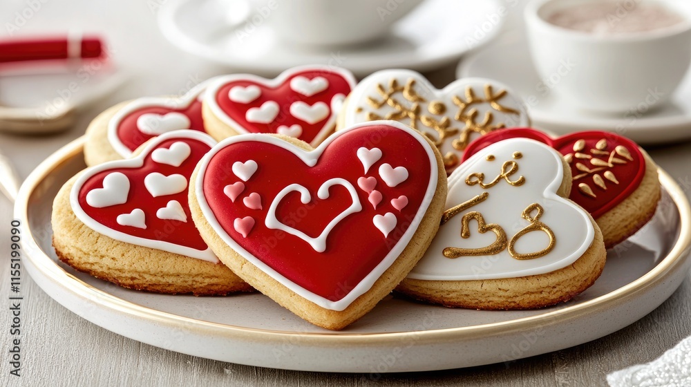 A plate of heart-shaped cookies decorated with red icing and white accents, perfect for celebrations or romantic occasions. A plate of heart-shaped cookies decorated with red icing and white accents, perfect for celebrations or romantic occasions.