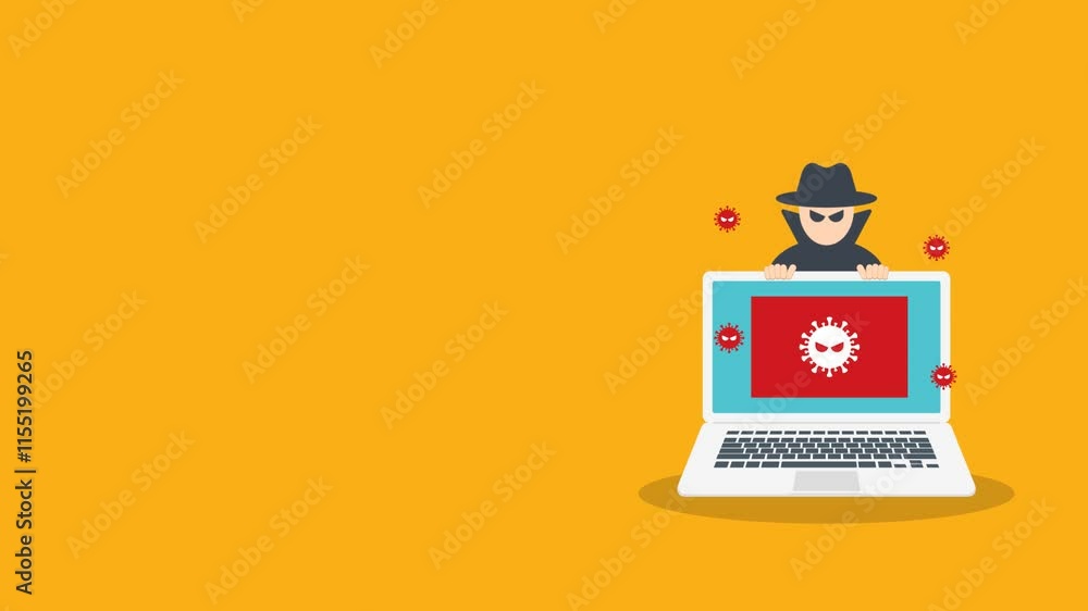 Hacker with laptop and virus notification, stealing confidential data, personal information and credit card detail. Hacking concept. Hacker with laptop and virus notification, stealing confidential data, personal information and credit card detail. Hacking concept.