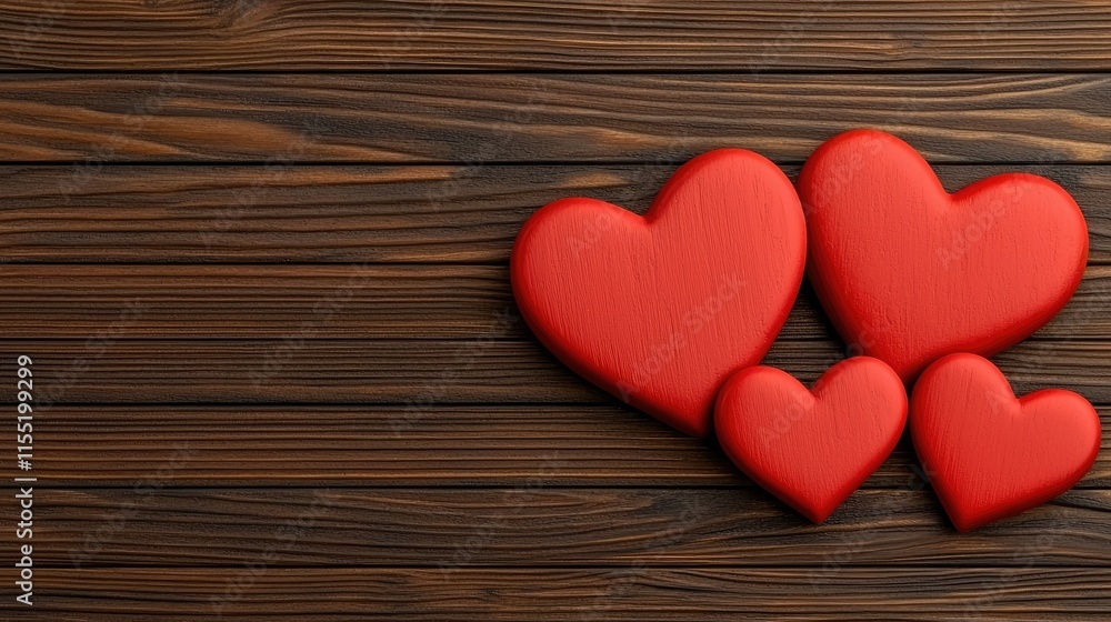 Red hearts of various sizes on a rustic wooden background, symbolizing love and affection. Red hearts of various sizes on a rustic wooden background, symbolizing love and affection.