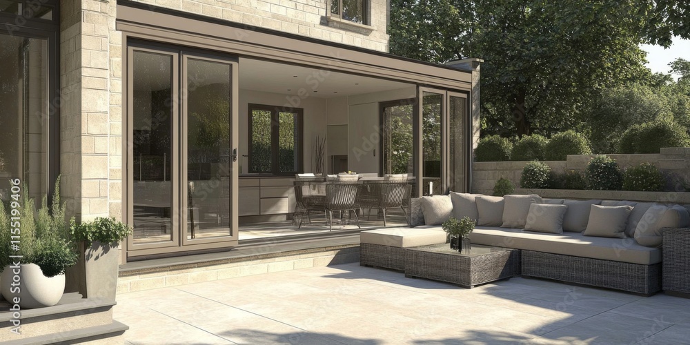 Fototapeta premium The design emphasizes an inviting transition to a block paved patio.