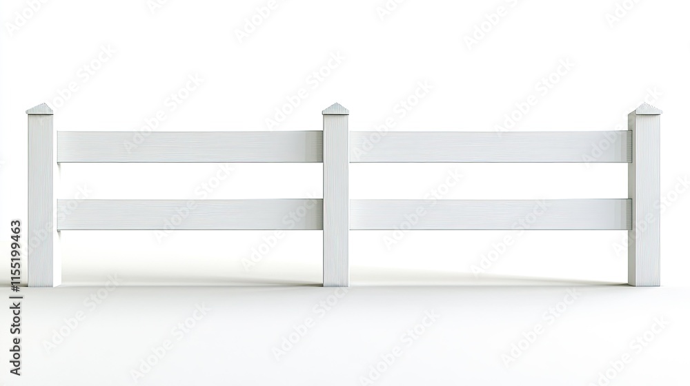 A simple white rail fence with clean lines and minimal detailing, set against a bright white background. A simple white rail fence with clean lines and minimal detailing, set against a bright white background.