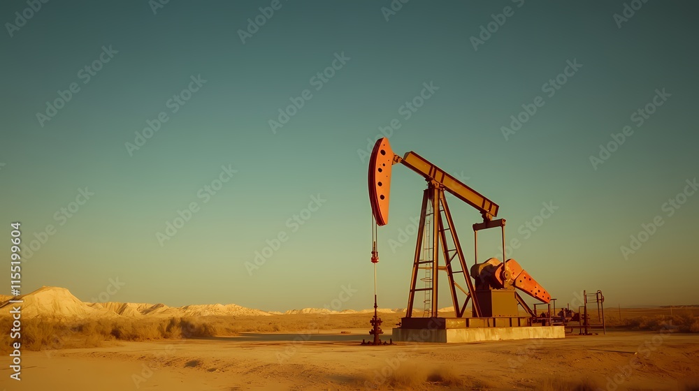 Oil Pump Jack Operating at Sunset in a Desert Landscape, Highlighting Energy Production and Industrial Machinery against a Clear Blue Sky Oil Pump Jack Operating at Sunset in a Desert Landscape, Highlighting Energy Production and Industrial Machinery against a Clear Blue Sky