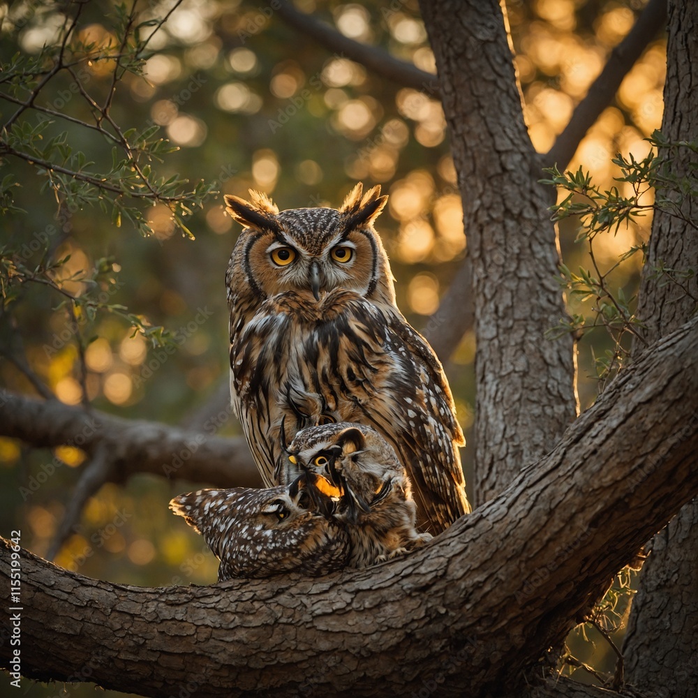 A pair of owls in a tree hollow with the golden light of sunset in the distance. A pair of owls in a tree hollow with the golden light of sunset in the distance.