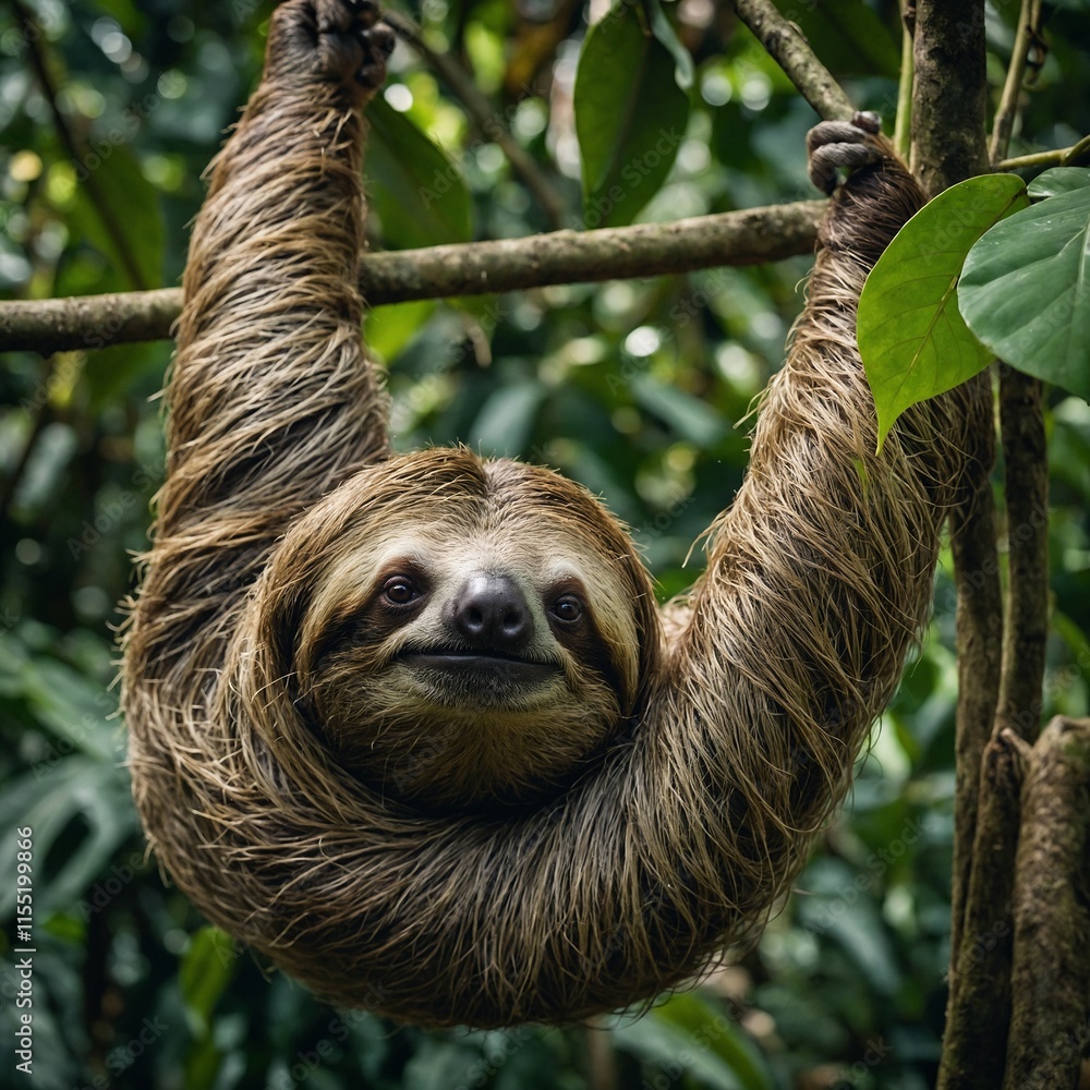 Fototapeta premium A sloth hanging lazily from a vine in a lush rainforest.