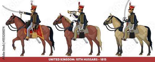 Set of Three British Cavalrymen, Officer, Trumpeter and Ranker, of the 10th Hussars from 1815 during the Battle of Waterloo, Vector Illustration, EPS 10