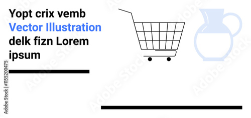 Shopping cart and water jug with placeholder text and black horizontal bars. Ideal for e-commerce, grocery shopping, product promotion, logistics, marketing materials, business analysis, service