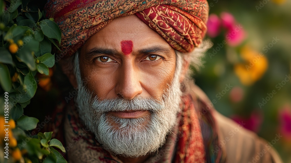 Indian senior man wearing traditional turban and showing tilak mark on forehead Indian senior man wearing traditional turban and showing tilak mark on forehead