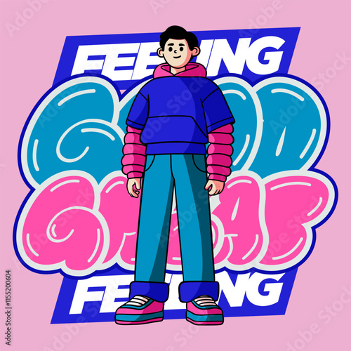 Cartoon comic feeling good streetwear typography illustration