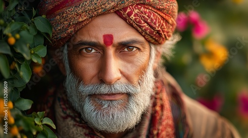 Indian senior man wearing traditional turban and showing tilak mark on forehead photo