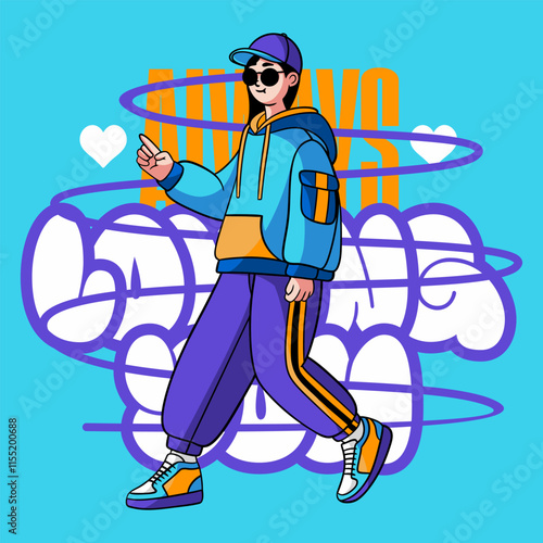Cartoon comic girl dance streetwear typography illustration