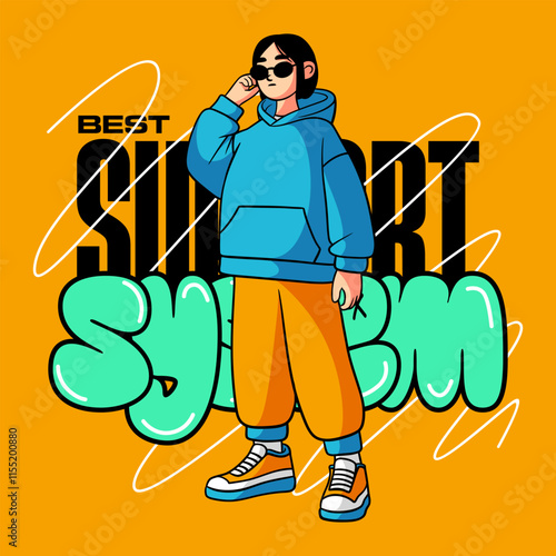 Cartoon comic girl support streetwear typography illustration