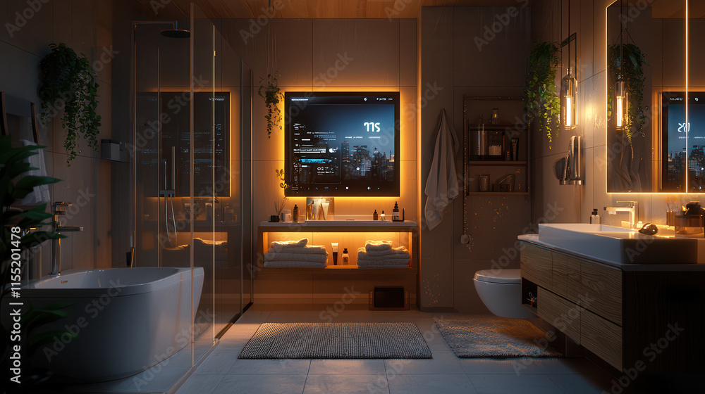 modern bathroom featuring sleek design with large mirror, smart TV, and ambient lighting. space is elegantly decorated with plants and towels modern bathroom featuring sleek design with large mirror, smart TV, and ambient lighting. space is elegantly decorated with plants and towels