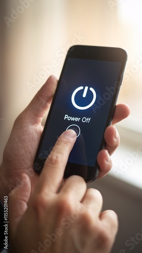Hands turning phone off going of grid or offline