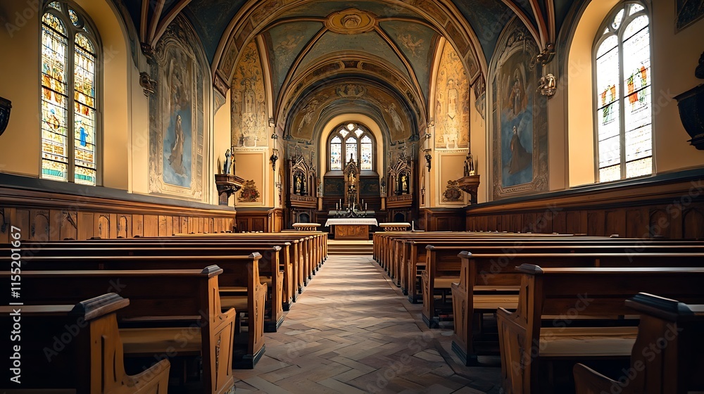 Fototapeta premium Church Interior, Wooden Pews, Altar, Religious Architecture