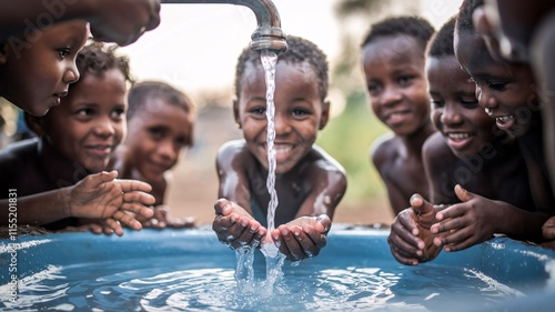 Young children smiling happy at a running tap water