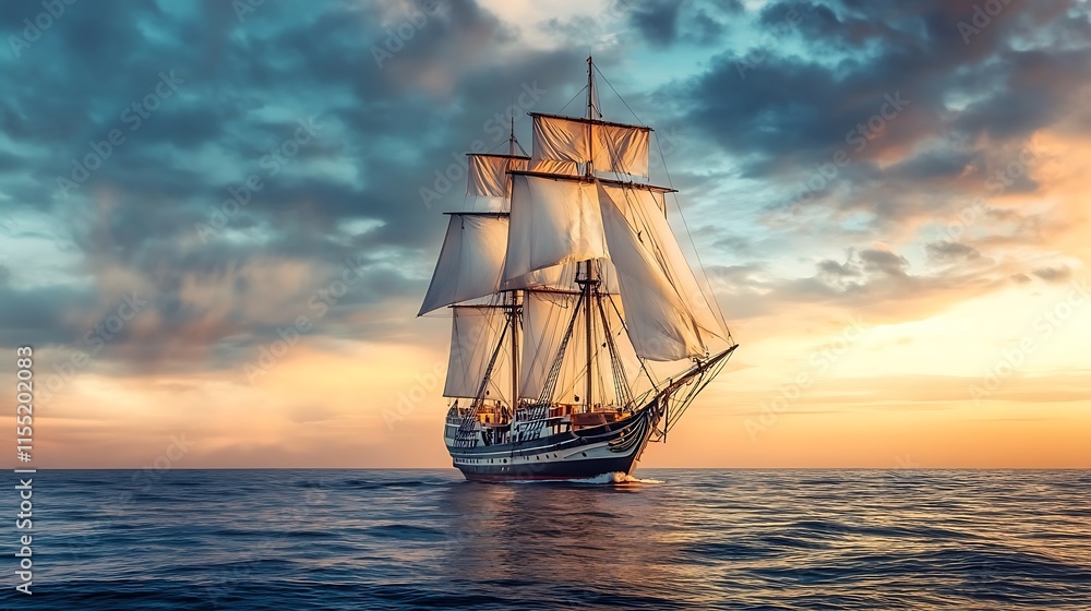 Sailing ship at sunset. Ocean adventure, travel, and exploration concept. Sailing ship at sunset. Ocean adventure, travel, and exploration concept.