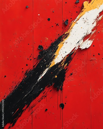 Abstract red, black, white, and yellow paint strokes on a textured surface.