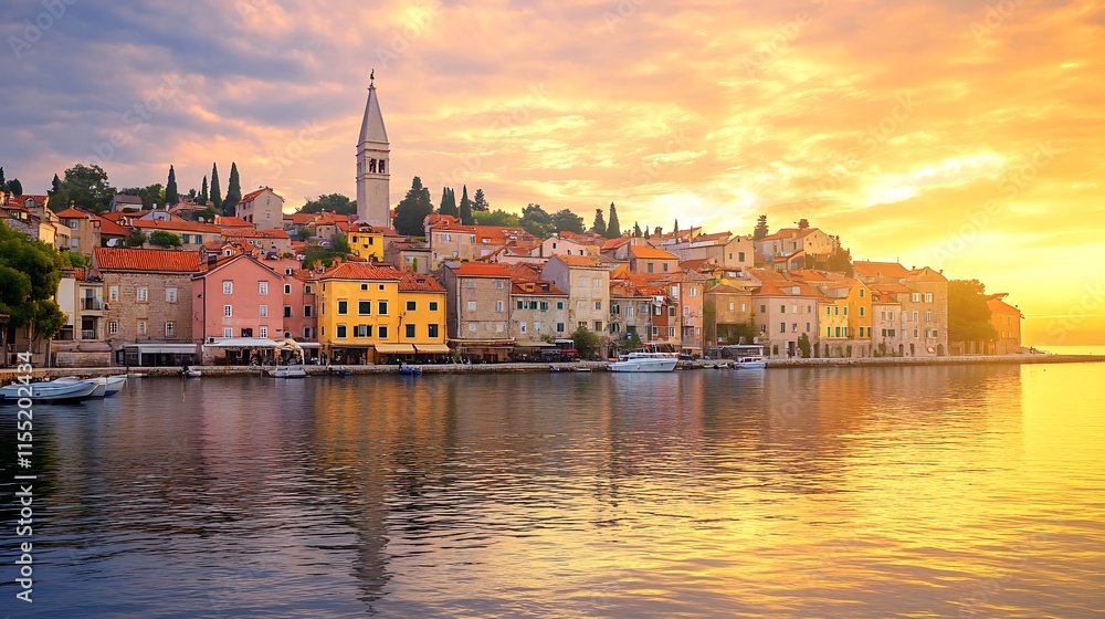 Fototapeta premium Sunset over colorful coastal town