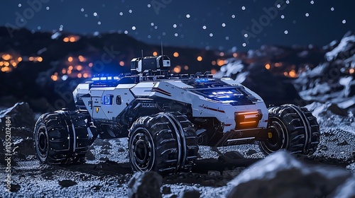 Futuristic lunar rover on rocky terrain at night. photo