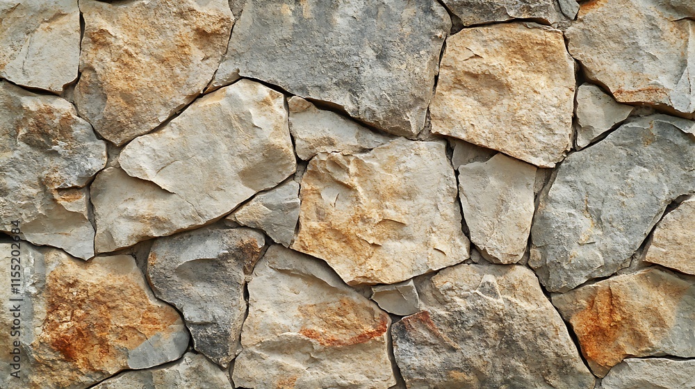 Close-up of a rustic stone wall with various sizes and shades of beige, grey, and brown stones. Close-up of a rustic stone wall with various sizes and shades of beige, grey, and brown stones.