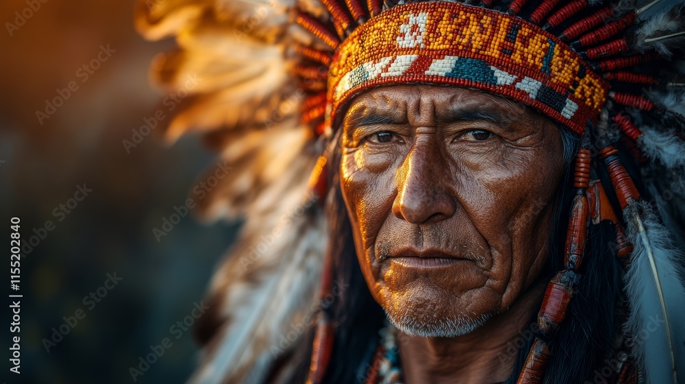 Fototapeta premium Indigenous chief wearing traditional headdress with feathers