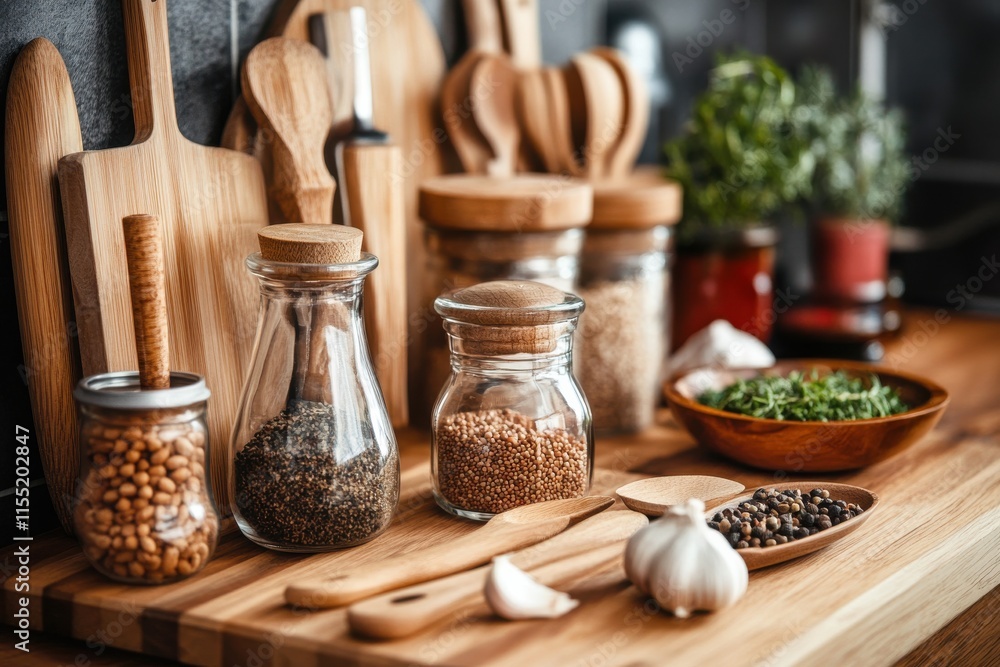 Wooden kitchen utensils and spice jars on a countertop. Wooden kitchen utensils and spice jars on a countertop.