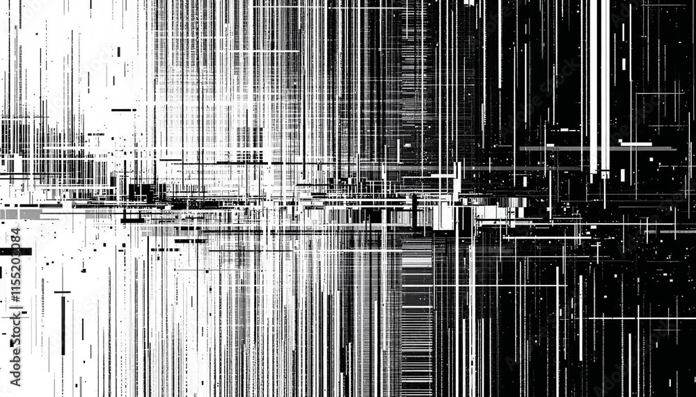Obraz premium Abstract distorted black white motion glitch overlay effect distress texture. Monochrome interlaced digital background. Futuristic striped glitched grunge, retro 90s, lo-fi brutal cyberpunk design
