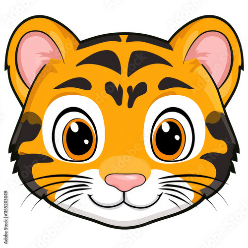 Cute cartoon tiger face with large expressive eyes and cheerful smile, ideal for children's illustrations and designs featuring playful animal themes photo