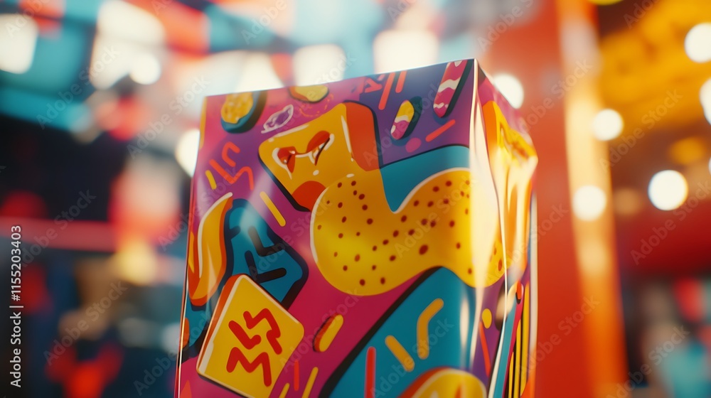 Fototapeta premium Close-up of a colorful package against a blurry, bright background.