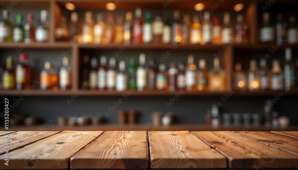 Obraz premium Wooden bar counter with liquor bottles, shelves, warm lighting, and cozy pub-like atmosphere creating a relaxing and inviting space for social gatherings.
