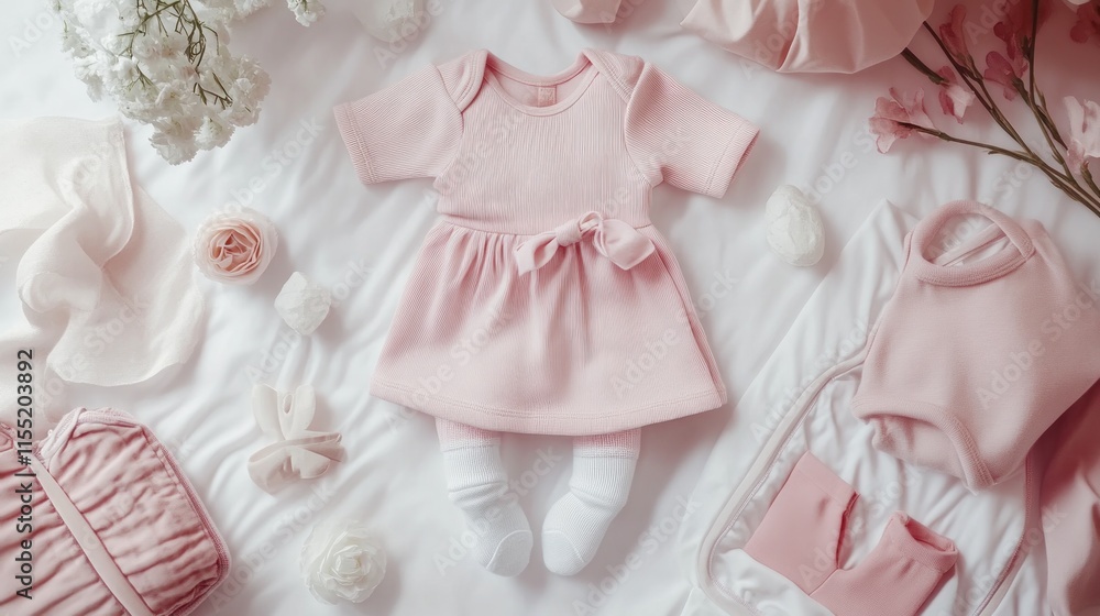 Fototapeta premium Pink baby girl outfit lay flat.