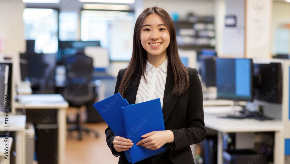 A young woman in a business suit stands confidently in a modern office, holding blue folders. Numerous computer workstations fill the background, suggesting a bustling work environment. A young woman in a business suit stands confidently in a modern office, holding blue folders. Numerous computer workstations fill the background, suggesting a bustling work environment.