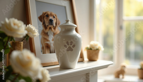 White funeral urn with paw print lid next to framed photo of dog and white roses.Pet memorial, urn with paw print, pet loss tribute, memorial display, peaceful farewell, emotional remembrance, funeral