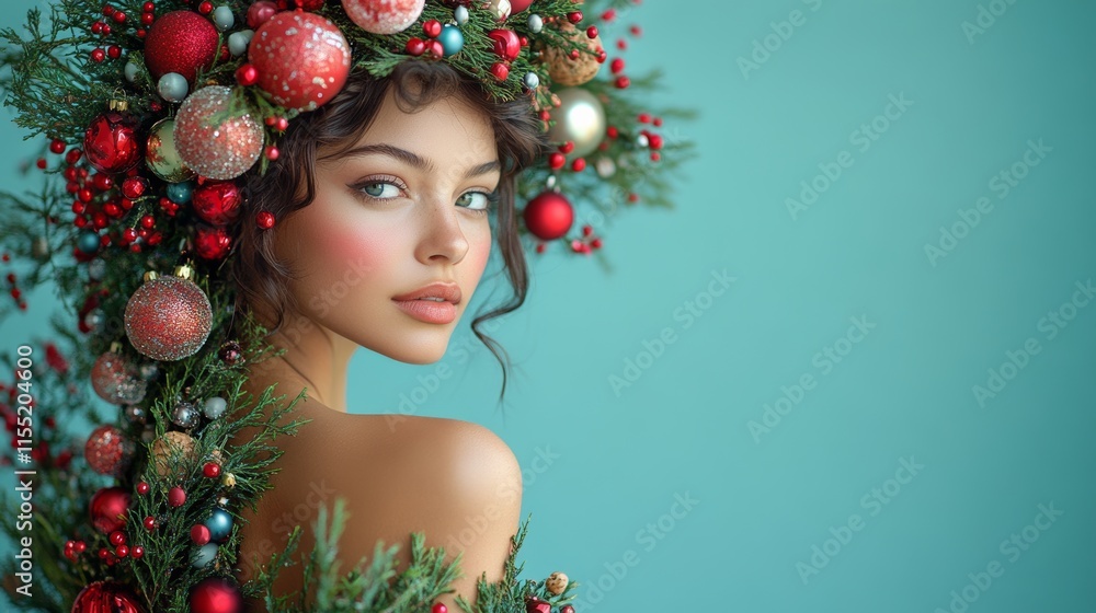 Beautiful model posing with christmas ornaments and garland on turquoise background Beautiful model posing with christmas ornaments and garland on turquoise background
