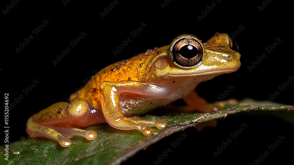 Fototapeta premium Close-up of a small, golden-brown frog perched on a green leaf against a black background.